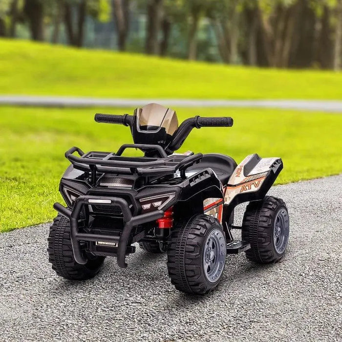 Black 6V kids electric ride-on quad ATV bike with racing stickers on park path