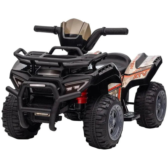 Black 6V kids electric ride-on quad ATV with music, racing stickers, rugged tires