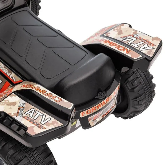 Close-up of black kids' electric ride-on ATV quad bike with racing stickers and rugged tires