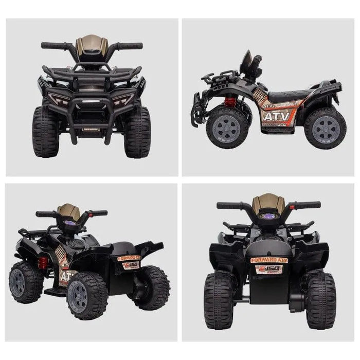 Black 6V kids electric ride-on quad ATV bike with racing stickers, shown from four angles
