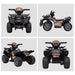 Black 6V kids electric ride-on quad ATV bike with racing stickers, shown from four angles