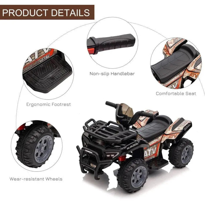 Black 6V kids electric ride-on quad ATV with music, racing stickers, non-slip handlebar, ergonomic footrest, wear-resistant wheels, and comfortable seat.