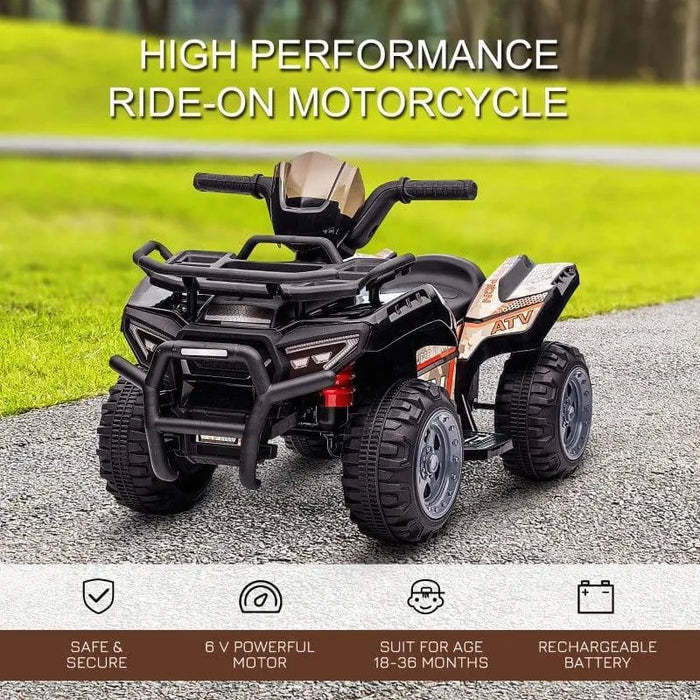 Black 6V kids electric ride-on quad ATV bike with racing stickers on paved path outdoors