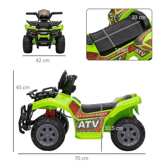 Green kids 6V electric ride-on quad ATV bike with racing stickers, shown with size dimensions