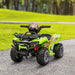Green kids electric ride-on quad ATV bike with racing stickers on a park path