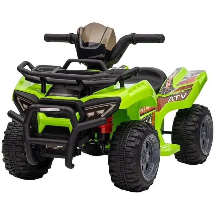 Green kids electric ride-on quad ATV bike with racing and music stickers, rugged wheels