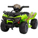Green kids electric ride-on quad ATV bike with racing and music stickers, rugged wheels