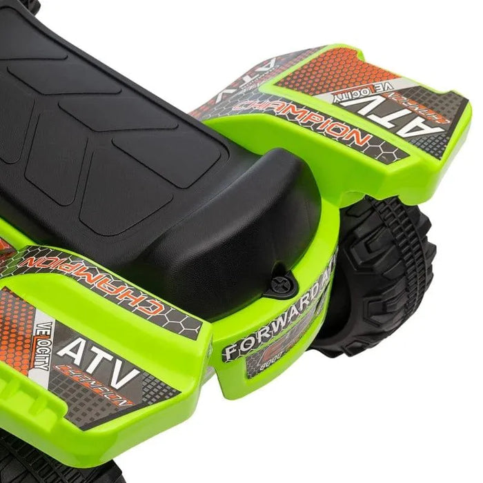 Green 6V kids electric ride-on quad ATV bike with music and racing stickers, close-up view