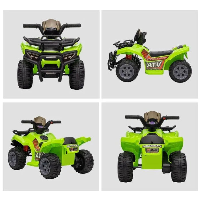 Green kids electric ride-on quad ATV bike with music and racing stickers, multiple angles