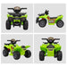 Green kids electric ride-on quad ATV bike with music and racing stickers, multiple angles