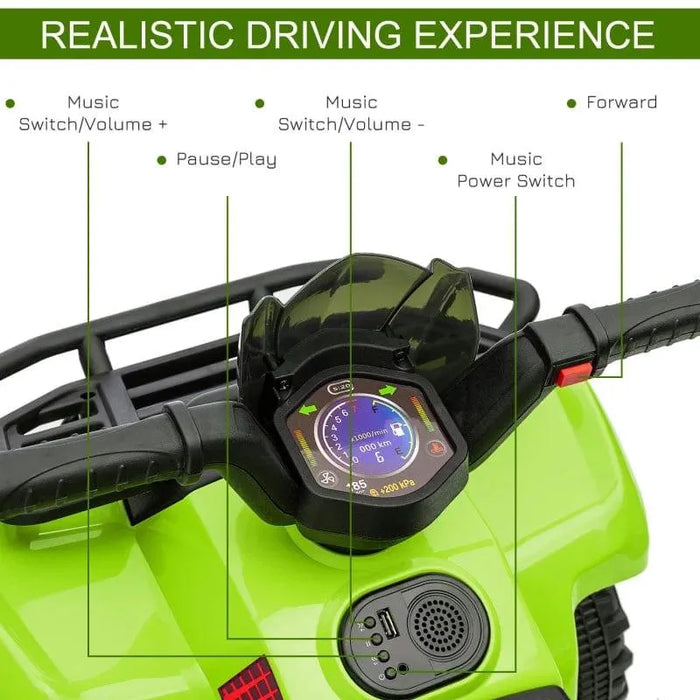 Green kids electric ride-on quad ATV bike handlebar dashboard with music and control buttons