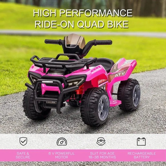Pink kids electric ride-on quad bike with ATV stickers on outdoor path