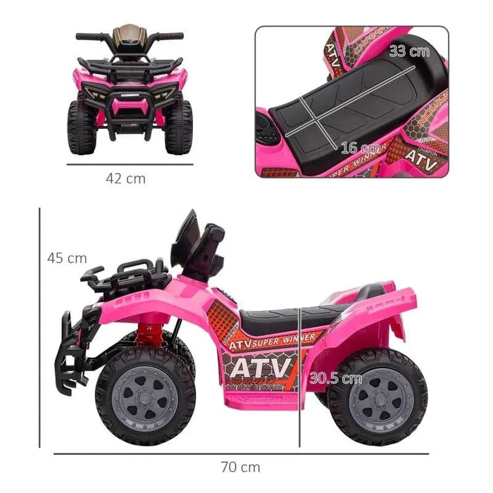Pink 6V kids electric ride-on quad ATV bike with racing stickers and size dimensions shown