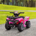 Pink kids electric ride-on ATV quad bike with racing stickers on a park path