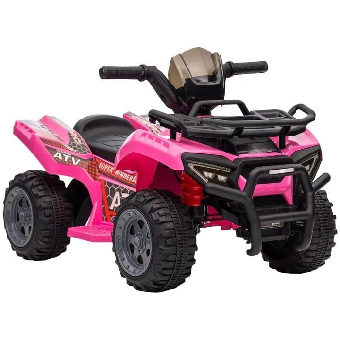 Pink 6V kids electric ride-on quad ATV bike with music, racing stickers, and rugged tires