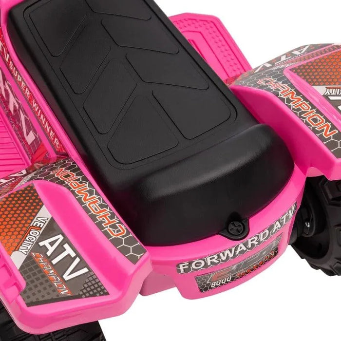Pink kids electric ride-on quad ATV bike with racing stickers and black seat