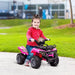 Child riding pink 6V electric quad ATV bike with music and racing stickers outdoors