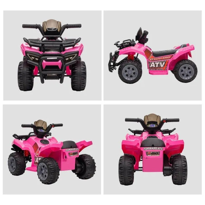 Kids pink electric ride-on ATV quad bike with music and racing stickers, shown from four angles.