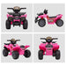 Kids pink electric ride-on ATV quad bike with music and racing stickers, shown from four angles.