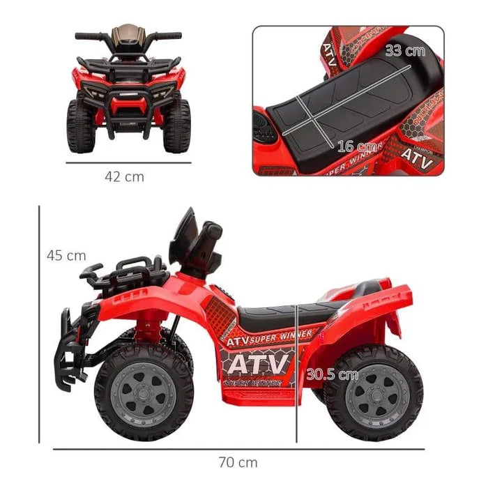 Red 6V kids electric ride-on quad ATV bike with racing stickers and size measurements