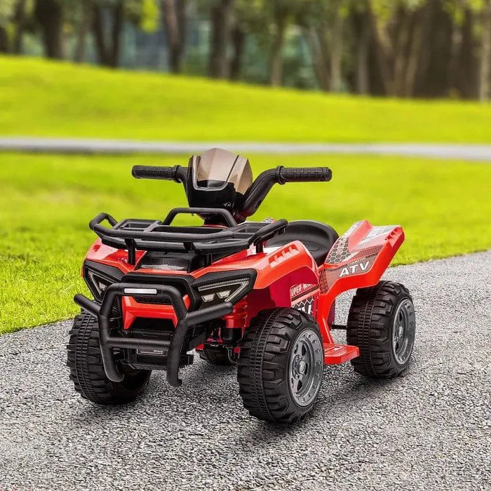 Red kids electric ride-on quad ATV bike with racing stickers on outdoor path