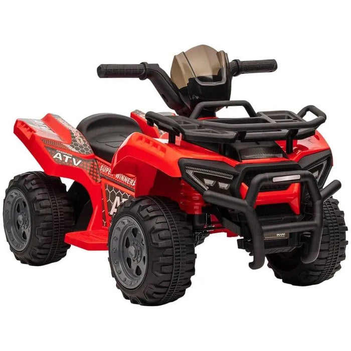 Red 6V kids electric ride-on quad ATV bike with racing stickers and rugged black wheels