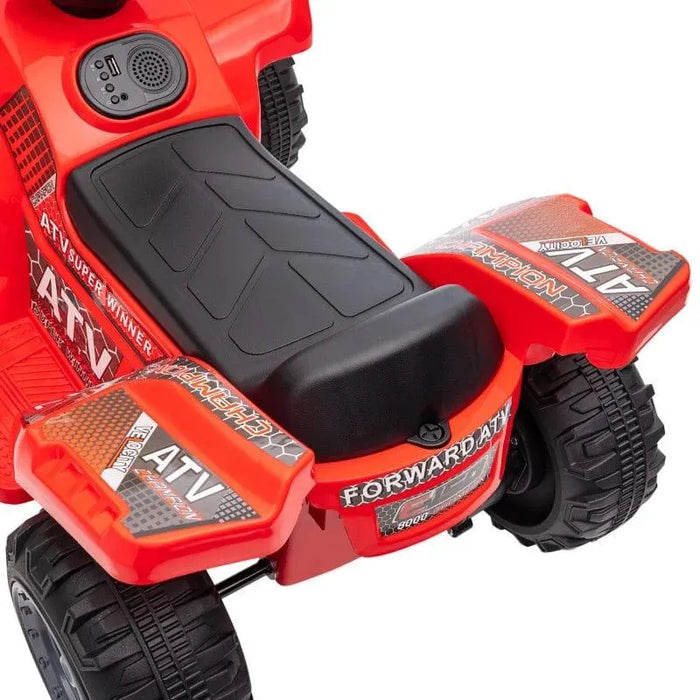 Red kids electric ride-on quad ATV bike with music speaker and racing stickers, close-up view