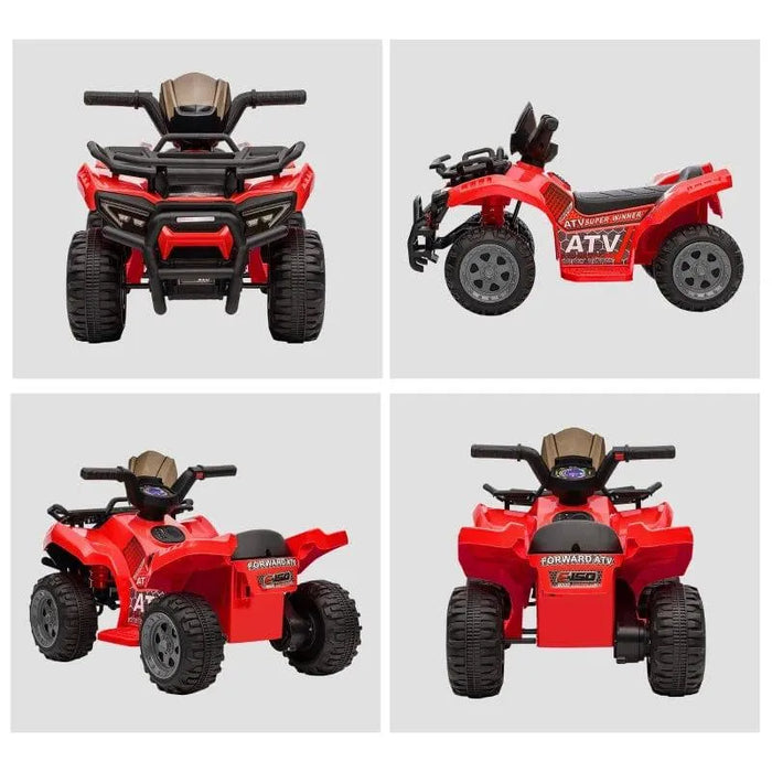 Red 6V kids electric ride-on quad ATV with racing and music stickers, shown from four angles