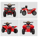 Red 6V kids electric ride-on quad ATV with racing and music stickers, shown from four angles