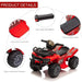 Red kids electric ride-on quad ATV bike with racing stickers, ergonomic footrest, durable wheels, non-slip handlebar, and comfortable seat.
