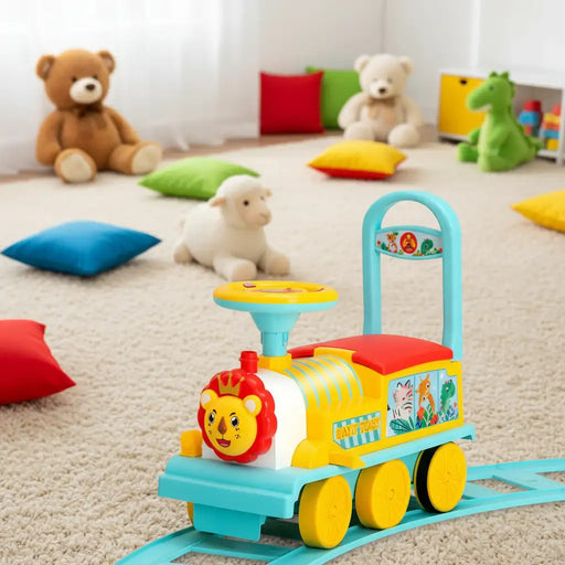 6V Kids Electric Ride-On Train with Track – Blue | Lights, Whistle and Hidden Storage COSTWAY - Little and Giant Explorers Costway