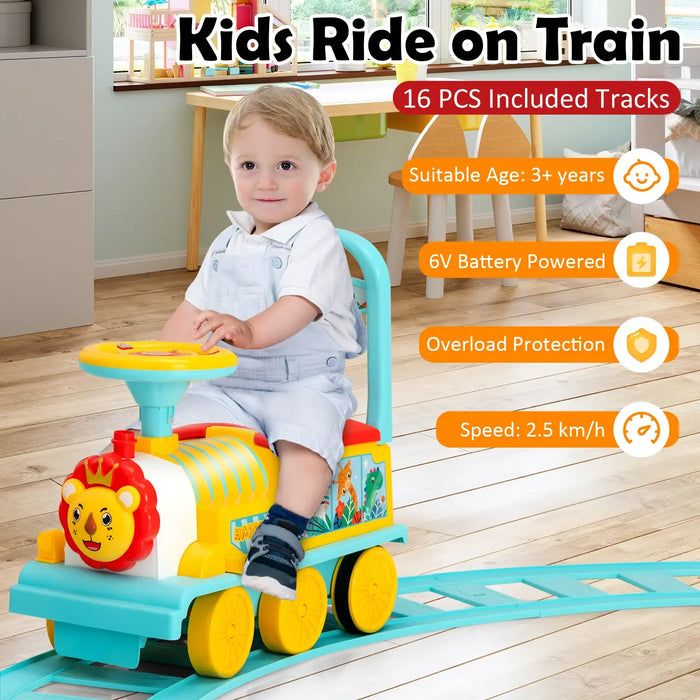 6V Kids Electric Ride-On Train with Track – Blue | Lights, Whistle and Hidden Storage COSTWAY - Little and Giant Explorers Costway