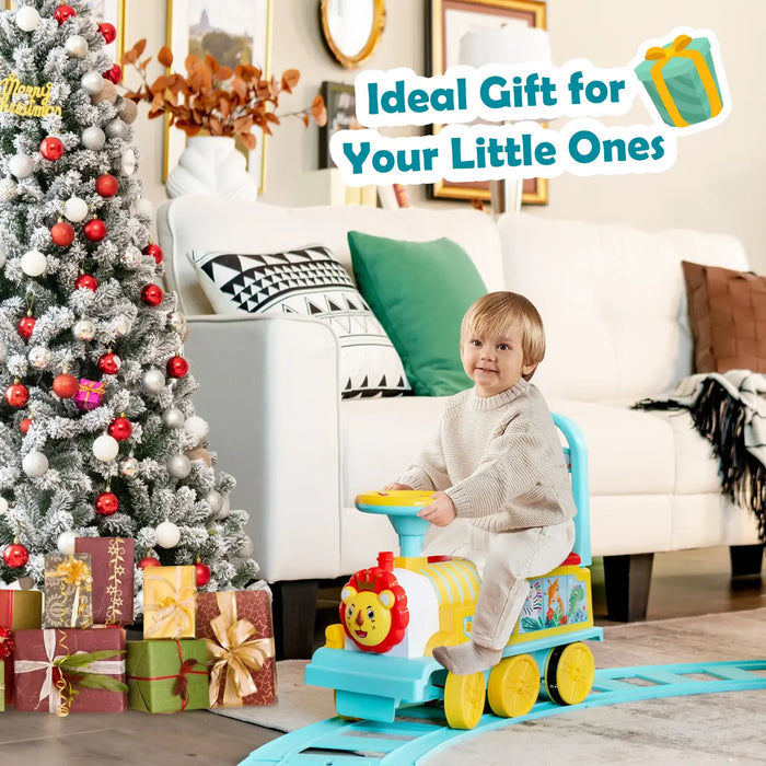 6V Kids Electric Ride-On Train with Track – Blue | Lights, Whistle and Hidden Storage COSTWAY - Little and Giant Explorers Costway