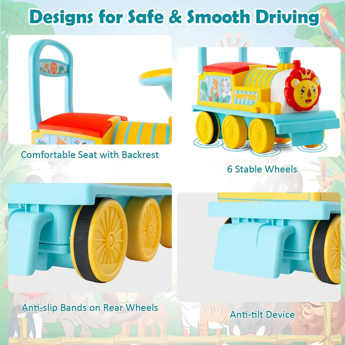 6V Kids Electric Ride-On Train with Track – Blue | Lights, Whistle and Hidden Storage COSTWAY - Little and Giant Explorers Costway