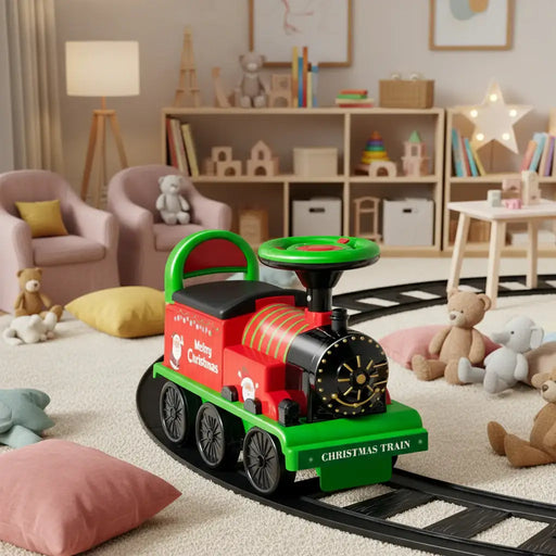 6V Kids Electric Ride-On Train with Track – Christmas | Whistle, Lights and Hidden Storage COSTWAY - Little and Giant Explorers Costway