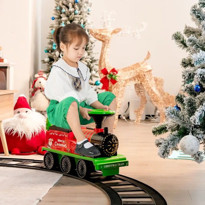 6V Kids Electric Ride-On Train with Track – Christmas | Whistle, Lights and Hidden Storage COSTWAY - Little and Giant Explorers Costway