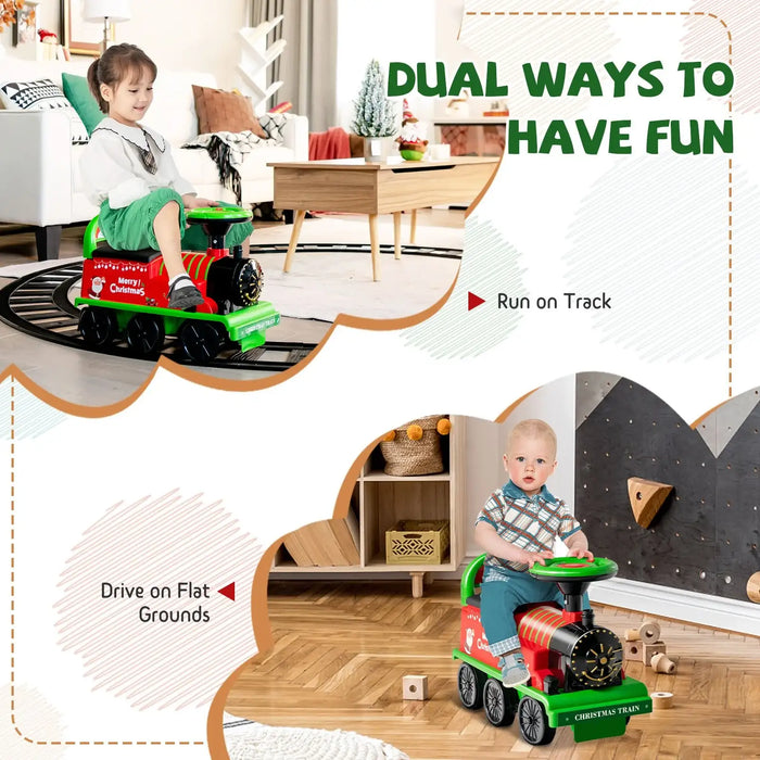 6V Kids Electric Ride-On Train with Track – Christmas | Whistle, Lights and Hidden Storage COSTWAY - Little and Giant Explorers Costway