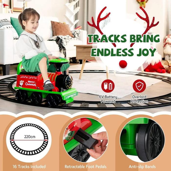 6V Kids Electric Ride-On Train with Track – Christmas | Whistle, Lights and Hidden Storage COSTWAY - Little and Giant Explorers Costway