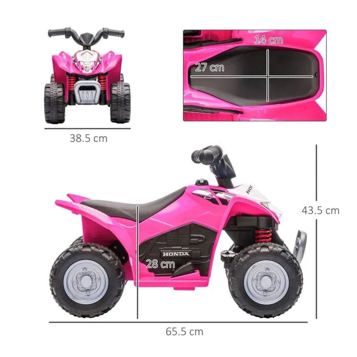 Pink kids' Honda ride-on quad bike with LED lights, horn, and size dimensions shown