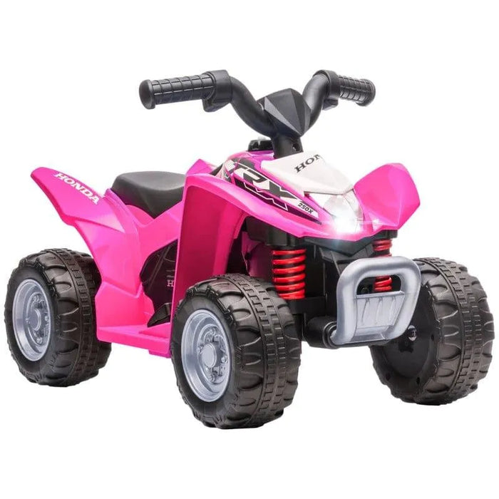 Pink Honda kids ride on quad bike with LED lights, horn, and large rubber wheels