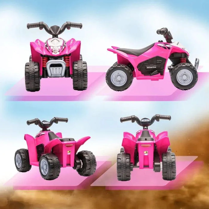 Pink kids' Honda ride-on quad bike with LED lights, shown from four angles on a sky background