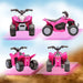 Pink kids' Honda ride-on quad bike with LED lights, shown from four angles on a sky background