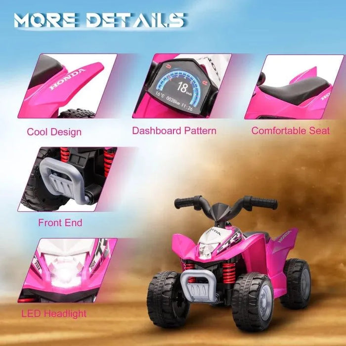 Pink kids' Honda ride-on quad bike with LED headlights, dashboard, and rugged tires
