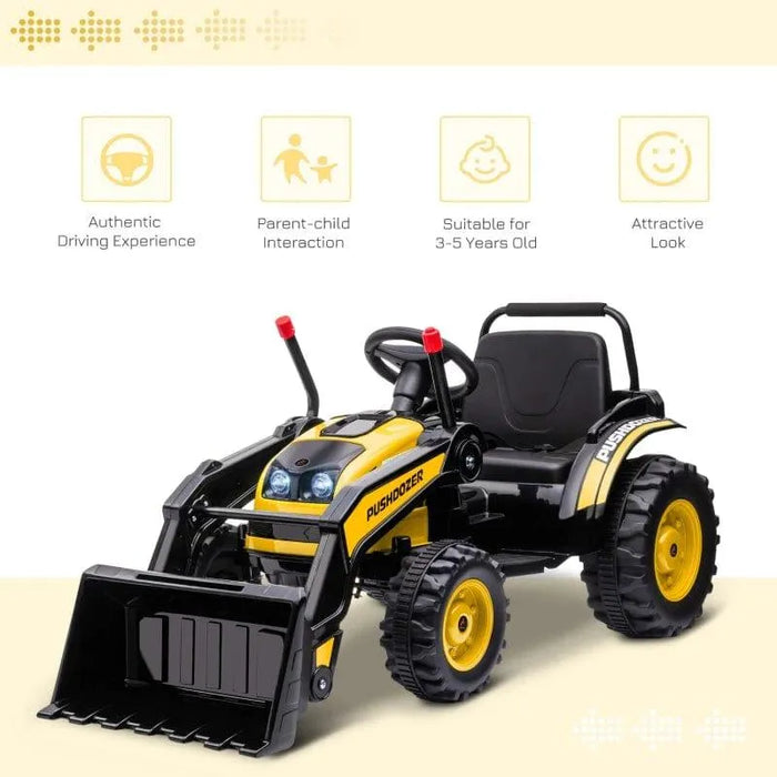 Yellow kids ride-on bulldozer toy with working shovel and sturdy wheels on light background