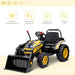 Yellow kids ride-on bulldozer toy with working shovel and sturdy wheels on light background