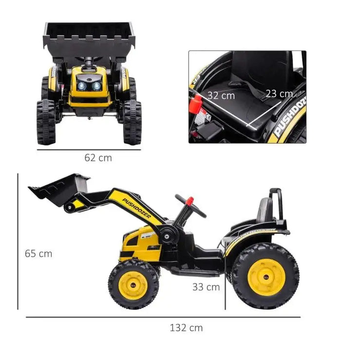 Yellow and black kids ride-on bulldozer toy with working shovel, seat, and size measurements.