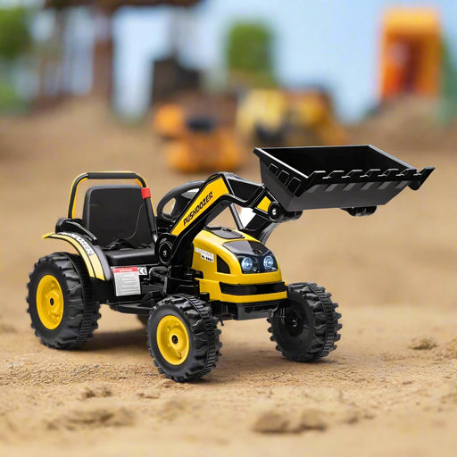 6V kids ride on yellow bulldozer toy with working shovel on sandy outdoor surface