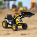 6V kids ride on yellow bulldozer toy with working shovel on sandy outdoor surface