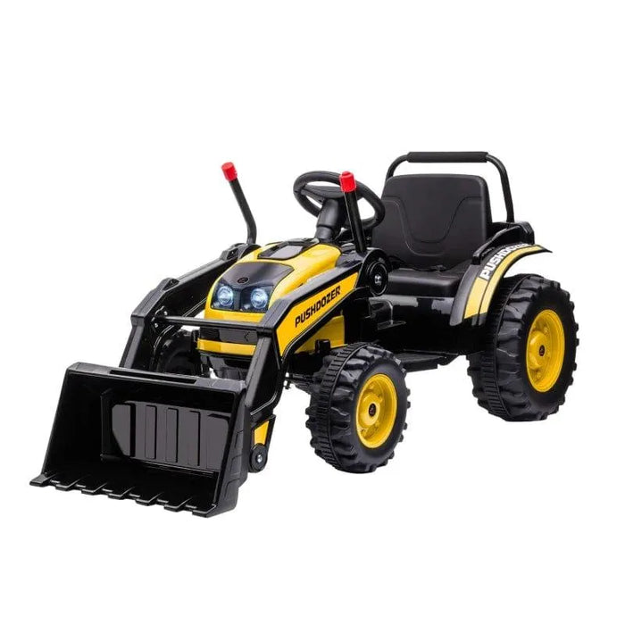 Kids yellow ride-on bulldozer toy with working shovel and black seat, HOMCOM vehicle