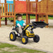 Child riding a yellow kids ride-on bulldozer with working shovel at playground